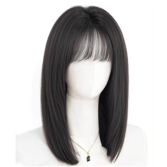 Female Real Hair Full Human Head Cover Natural Bangs Mid-length Long Straight Wig