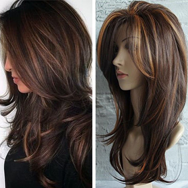 Women's Brown Highlights Gradient Curly Hair Fluffy Pear-shaped Roll Inner Buckle Wig Long Curls