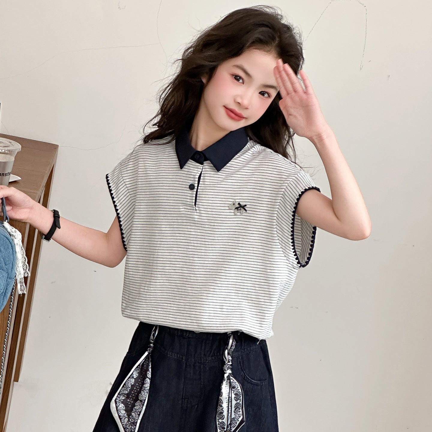 Children's Super Beautiful Medium Big Collar Short Sleeve Pleated Skirt Children's Suit