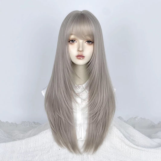 High-level Sier Gray Female Bangs White Long Straight Wig