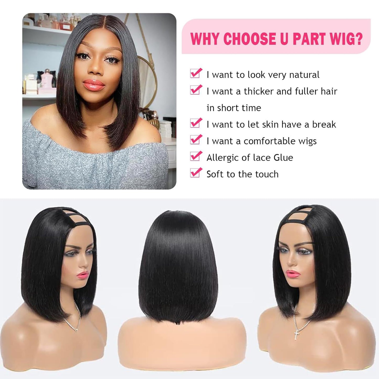 Black Short Straight Hair U-shaped Elastic Half Headgear Wig