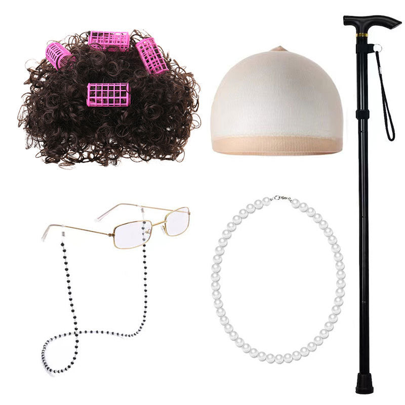 Old Grandma Grandpa Halloween Lady Set Cos Wig