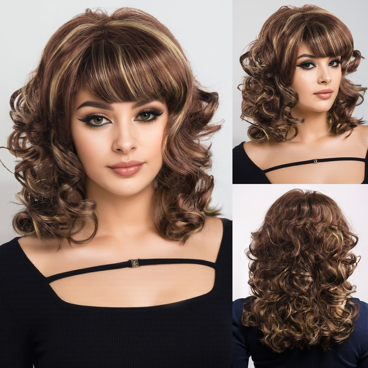Female Straight Bangs Brown Natural Full Top Daily Wig Short Curly Hair