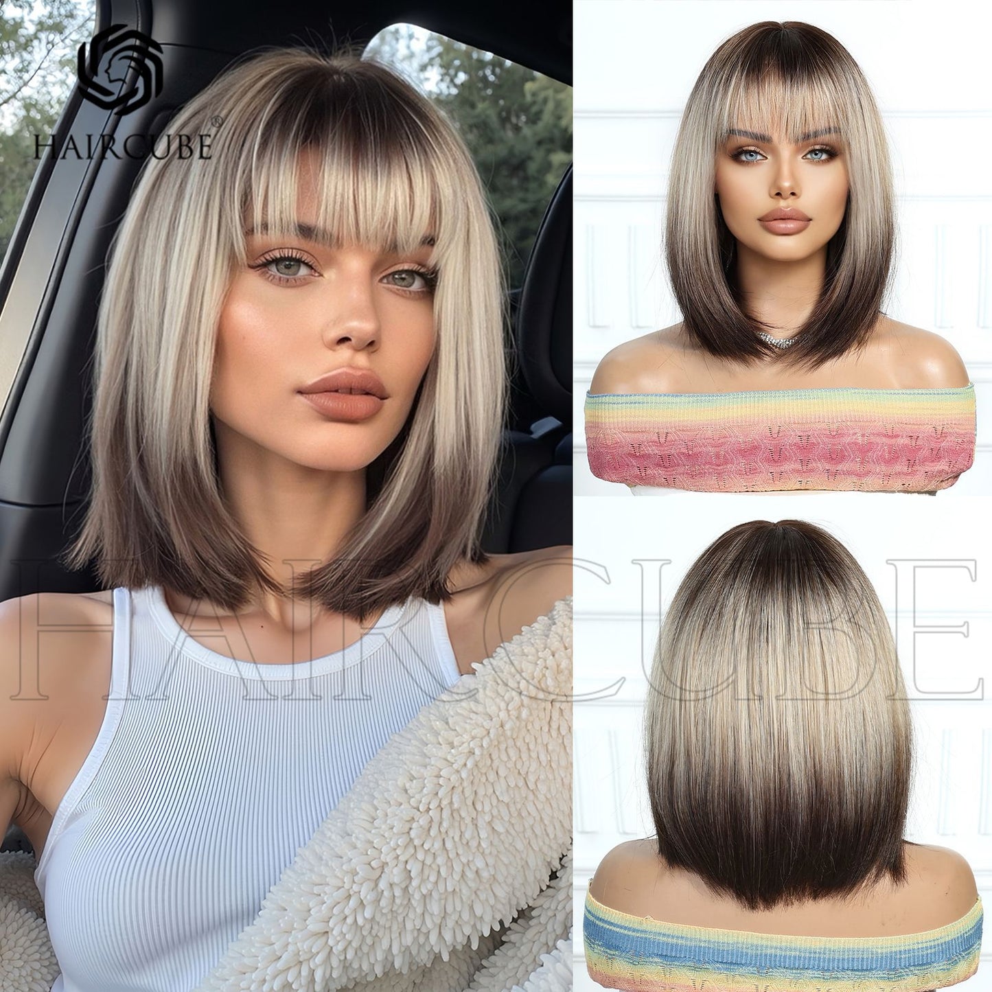 Pretty Head Cover Gradient Wave Bangs Wig Short Straight Hair