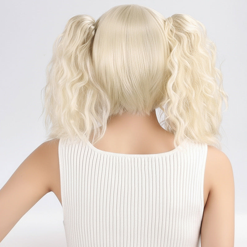 Beige White Double Ponytail Jaws Clamp Fringe Wig Short Straight Hair