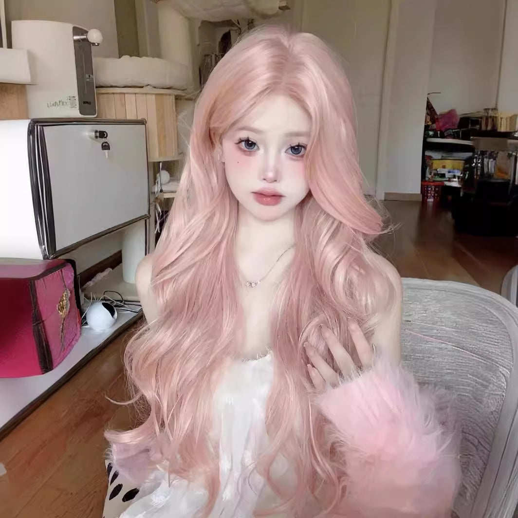 Female Rose Pink Hair Mid-length Bangs Big Wave Wig Long Curls