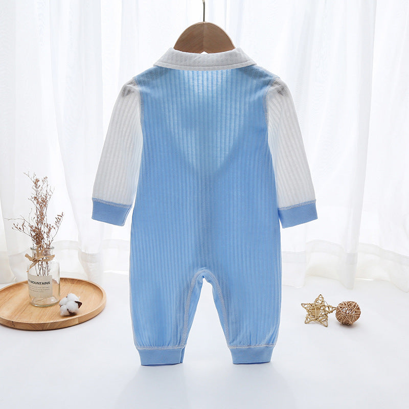 Blue Cotton Born Bow Snap Button Romper Jumpsuit, Climbing Suit