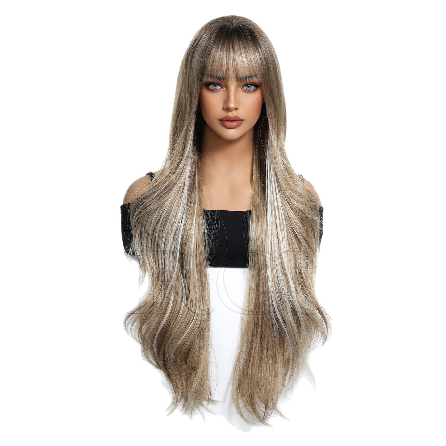 Big Wave Highlight Straight Bangs Curly Wig Long Curls