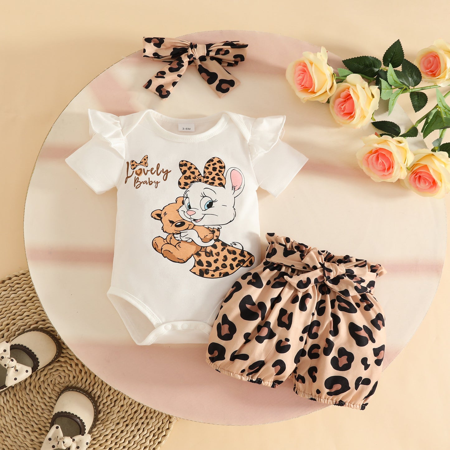 Cartoon Letter Short Sleeve Triangle Rompers Leopard Print Shorts Hair Children's Suit
