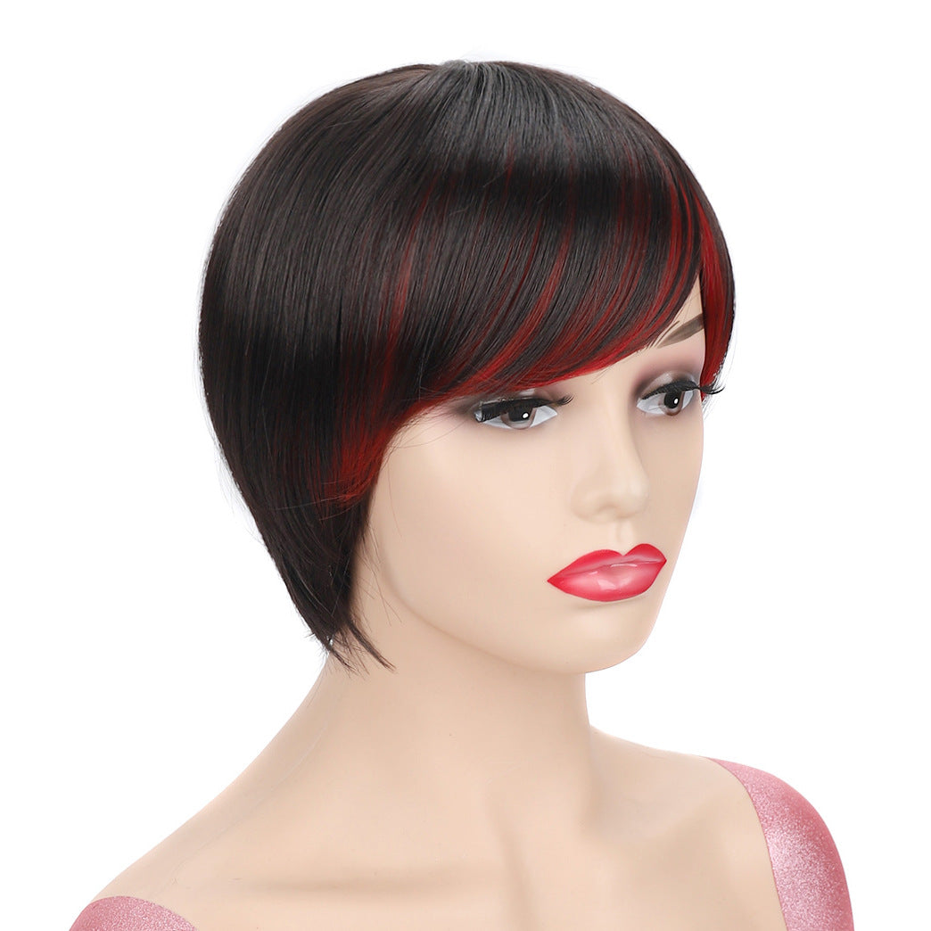 Women's Sheath Black Dyed Color Head Cover Chemical Wig Short Straight Hair