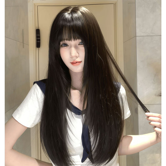 Female Seamless Lightweight Increase Cover Gray High Skull Long Straight Wig