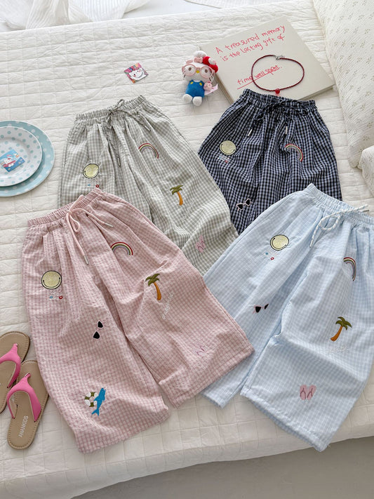 Children's Summer Plaid Casual Beach Style Embroidered Loose Anti Children's Pants