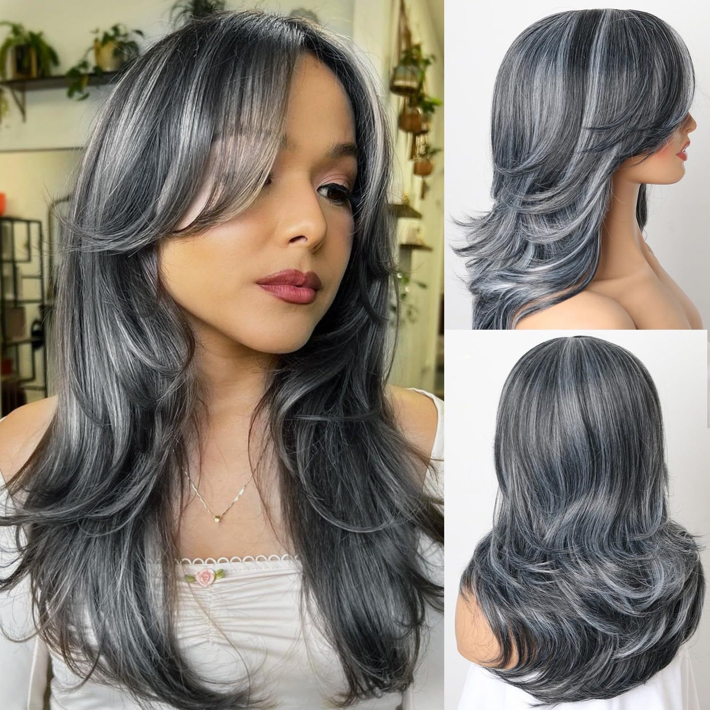 Bangs Layer Head Cover Gray Chemical Fiber Medium Wig Long Curls