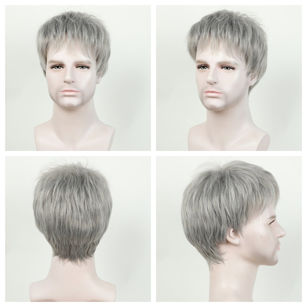 Men's Gray White Short Curly Head Cover Men's Wig