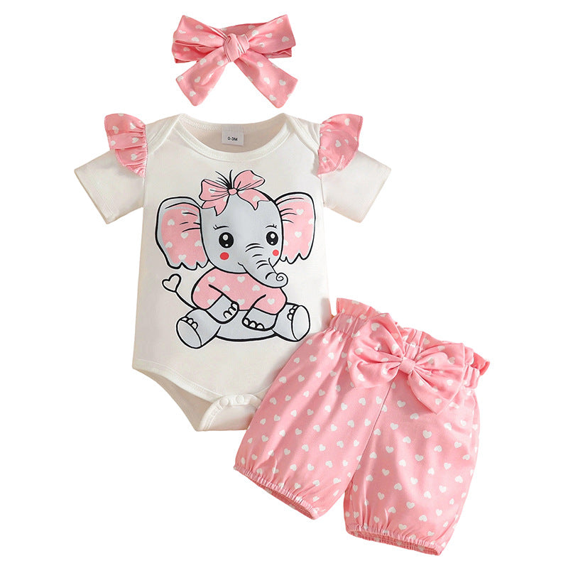 Children's Cute Cartoon Elephant Printed Short-sleeved Shorts Romper Headscarf Children's Suit