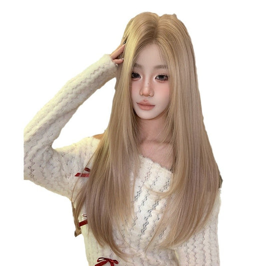 Female Korean Style Face Trimming Temperament Mid-point Hand Crocheting Lace Long Straight Wig