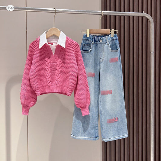 Children's Style Korean Casual Knitted Sweater Fashion Embroidery Trendy Children's Suit