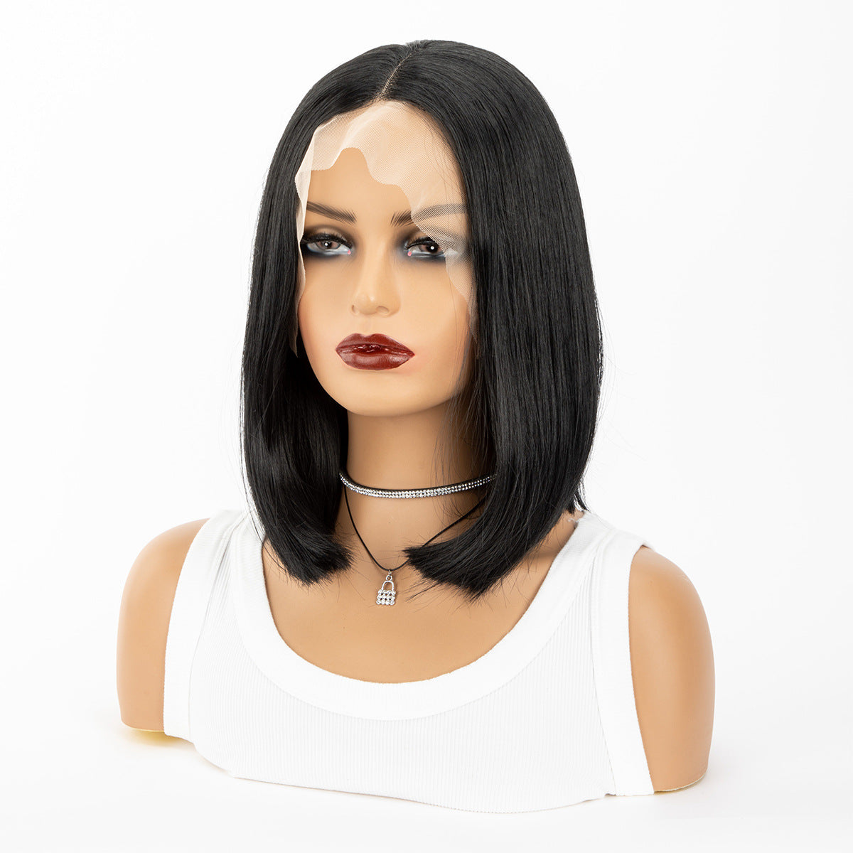 Women's Black Fiber Chemical Former Lace Head Cap Overseas Wig Short Straight Hair