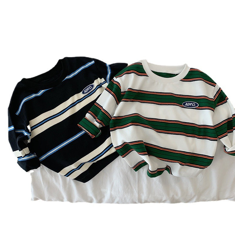 Children's Striped Contrast Color Fashionable T-shirt Long Sleeve Loose Casual Top Children's Shirt