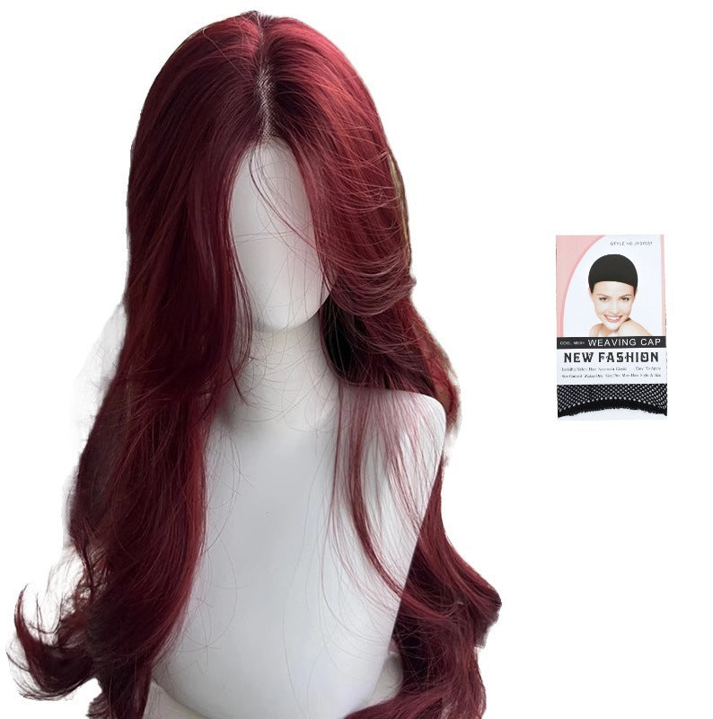 Forehead Lace Raspberry Red Mid-length French Female Long Straight Wig