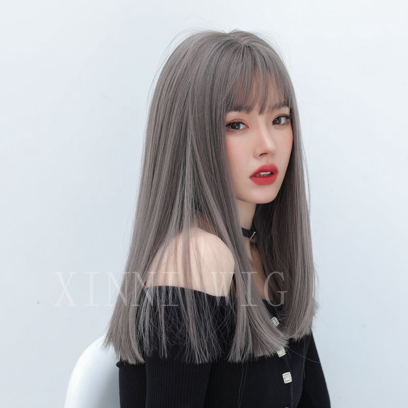 Pink Flax Hair Temperament Medium Length Sheath Long Straight Wig