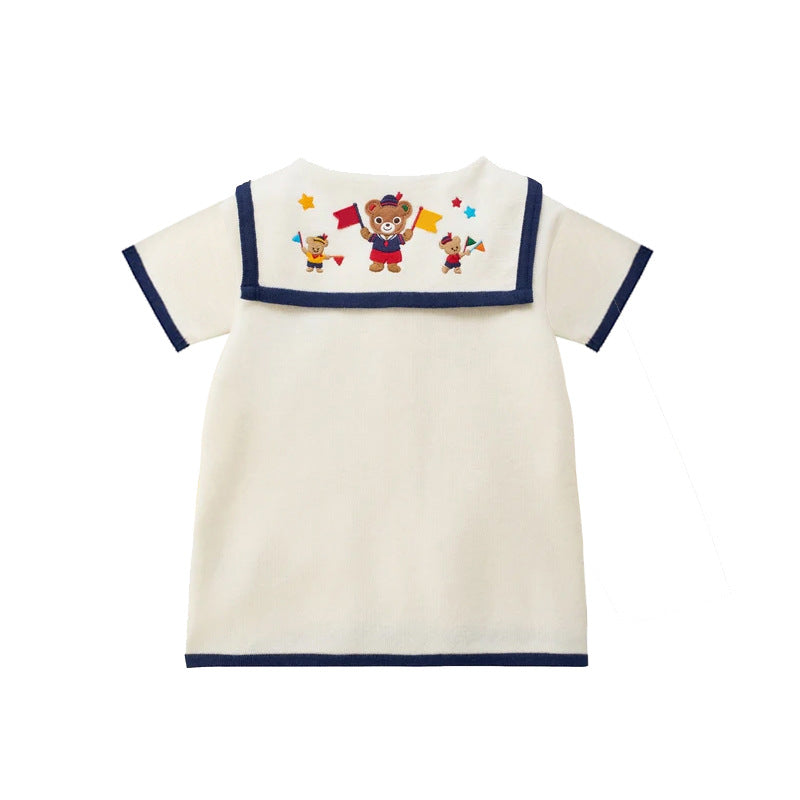 Children's Cartoon Bear Rabbit Embroidery Sailor Collar Long Sleeve Short Cute Children's Shirt