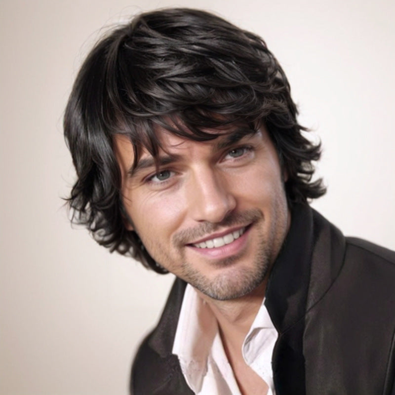Men's Short Hair Outside Curly Brown Partial Men's Wig