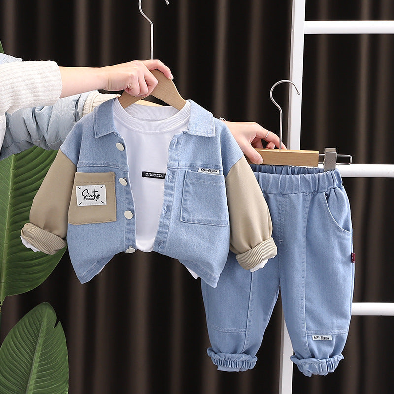 Spring Boys Stitching Letter Logo Denim Long Sleeve Three-piece Children's Suit