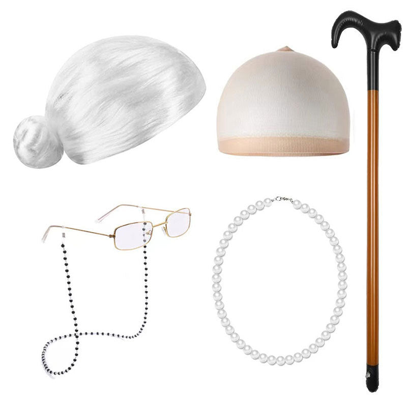 School Day Old Grandma Grandpa Crutches Lady Cos Wig