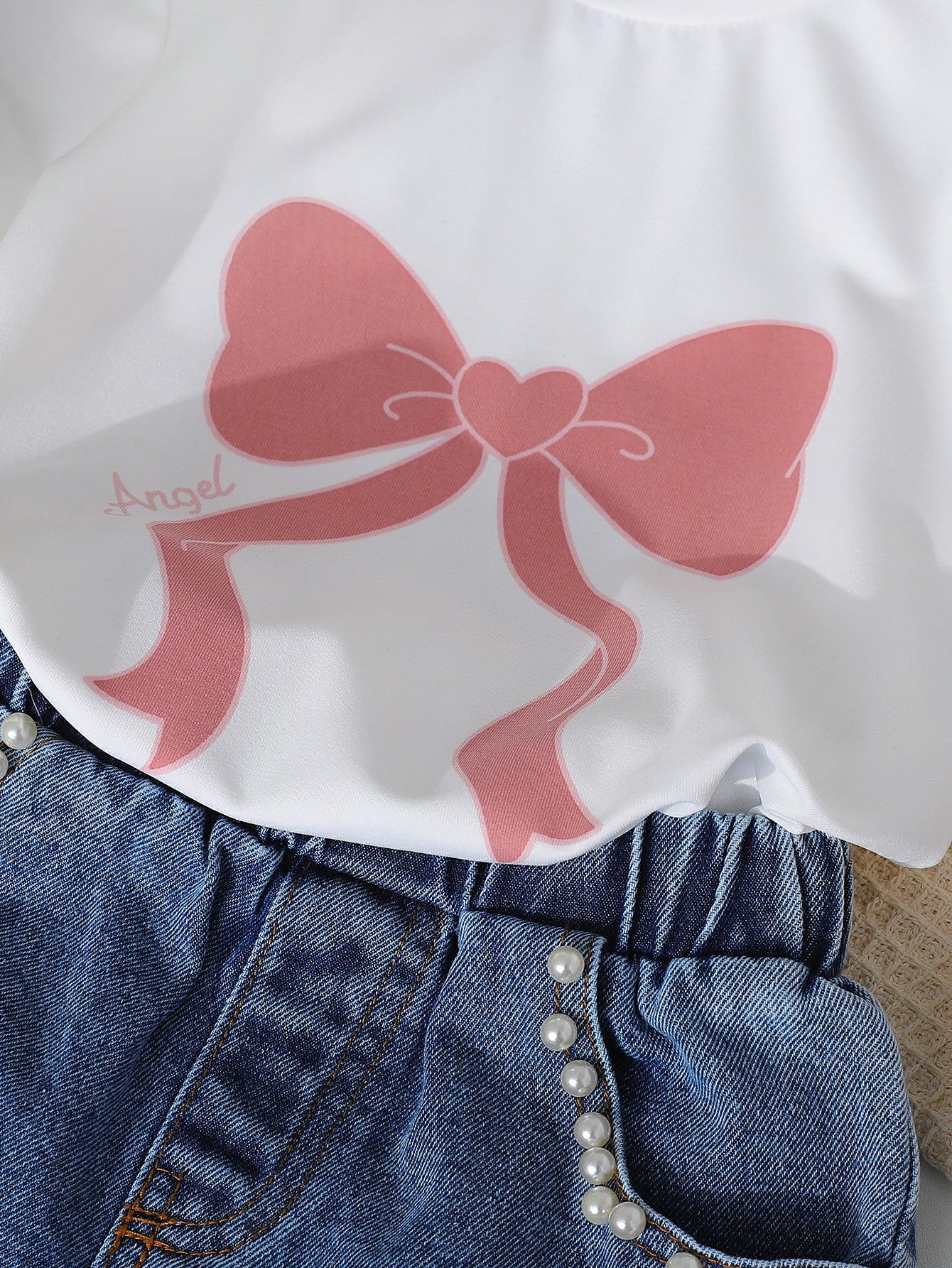 Neck Printed Knitted Top Denim Beaded Embroidered Jeans Children's Suit