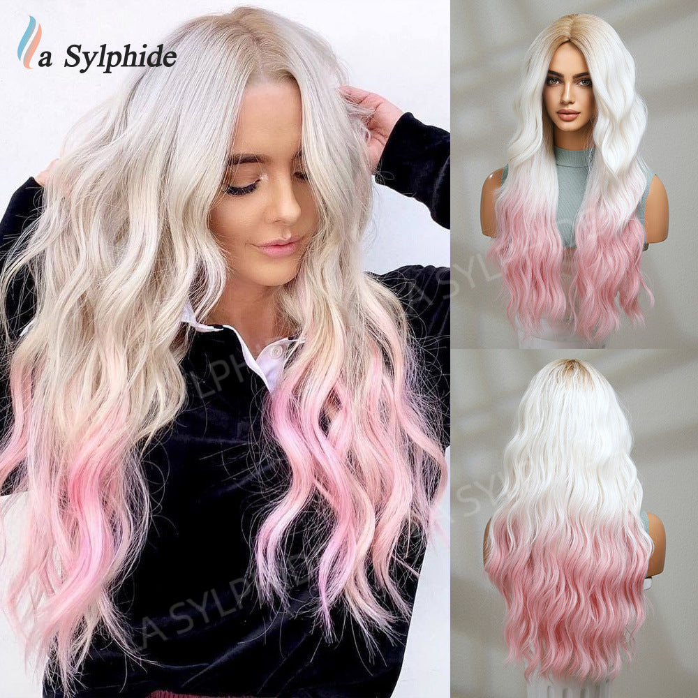Fiber Chemical Mid-point Simulation Gradient Golden Pick Pink Wig Long Curls