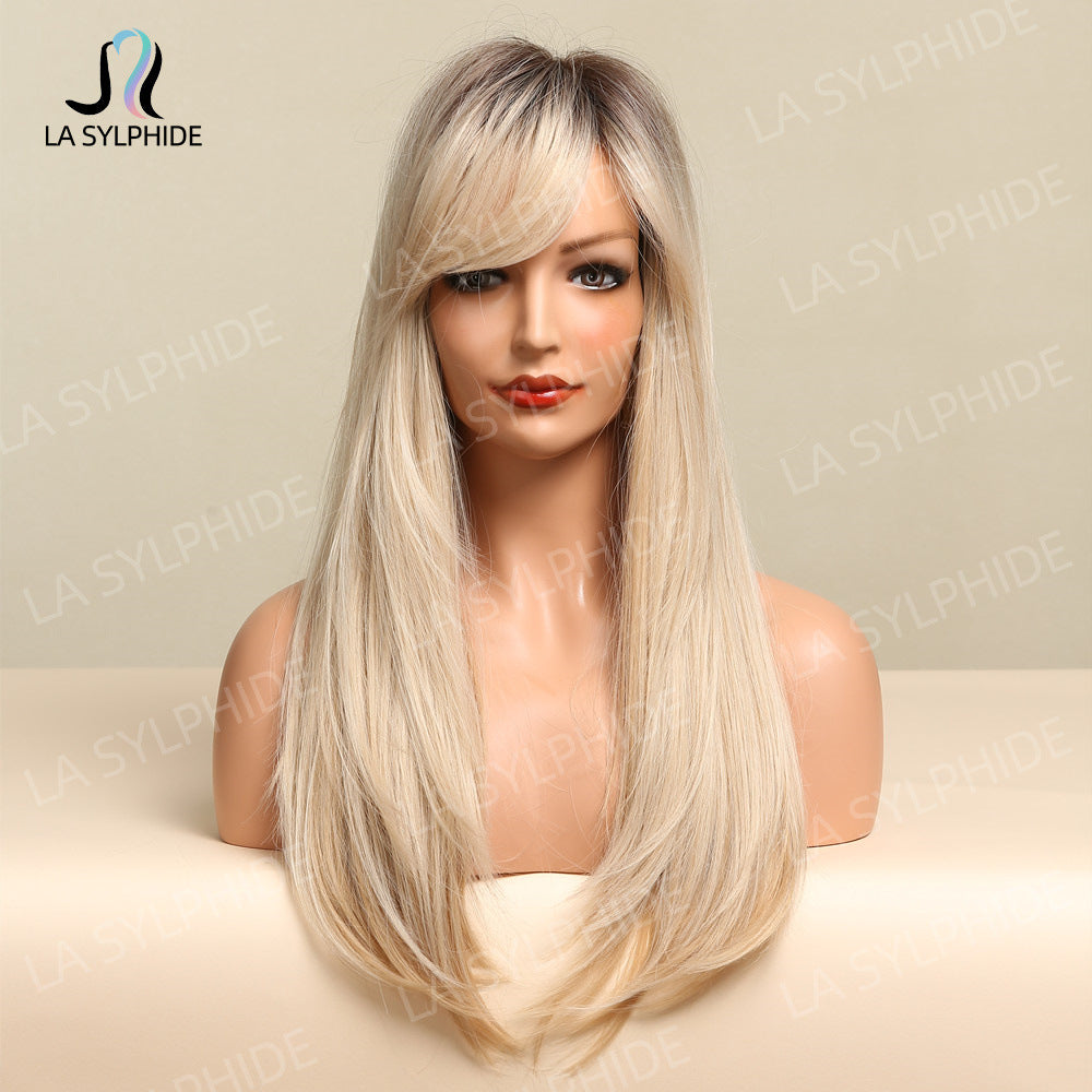 Hair Seam Gradient Golden Partial Rose Net Head Cover Chemical Long Straight Wig