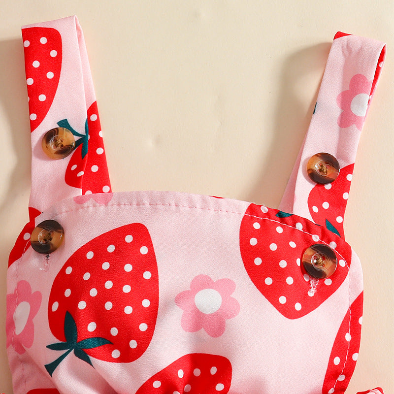 Sleeve Triangle Rompers With Strawberry Printed Suspender Dress Jumpsuit, Climbing Suit