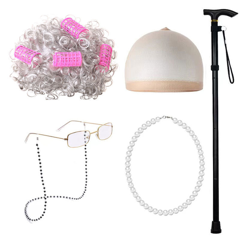 Old Grandma Grandpa Halloween Lady Set Cos Wig