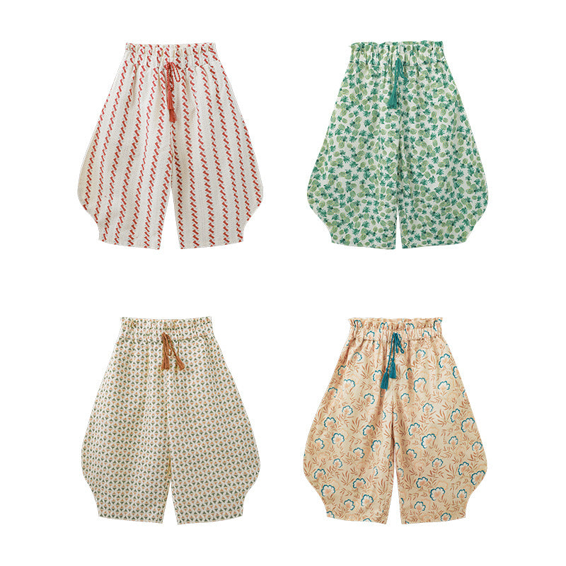 Woven Summer Thin Vintage Floral Ankle Banded Cute Children's Pants