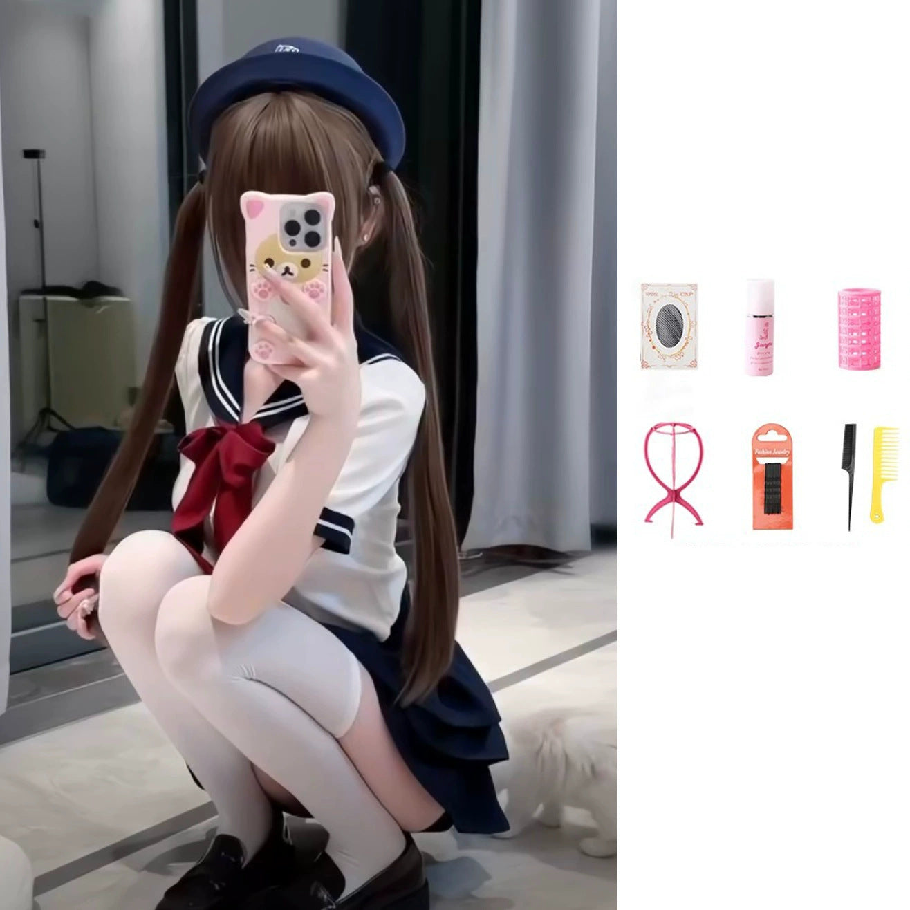 Female Sweet Little Rose Natural Black Gentle With Sideburns Long Straight Wig
