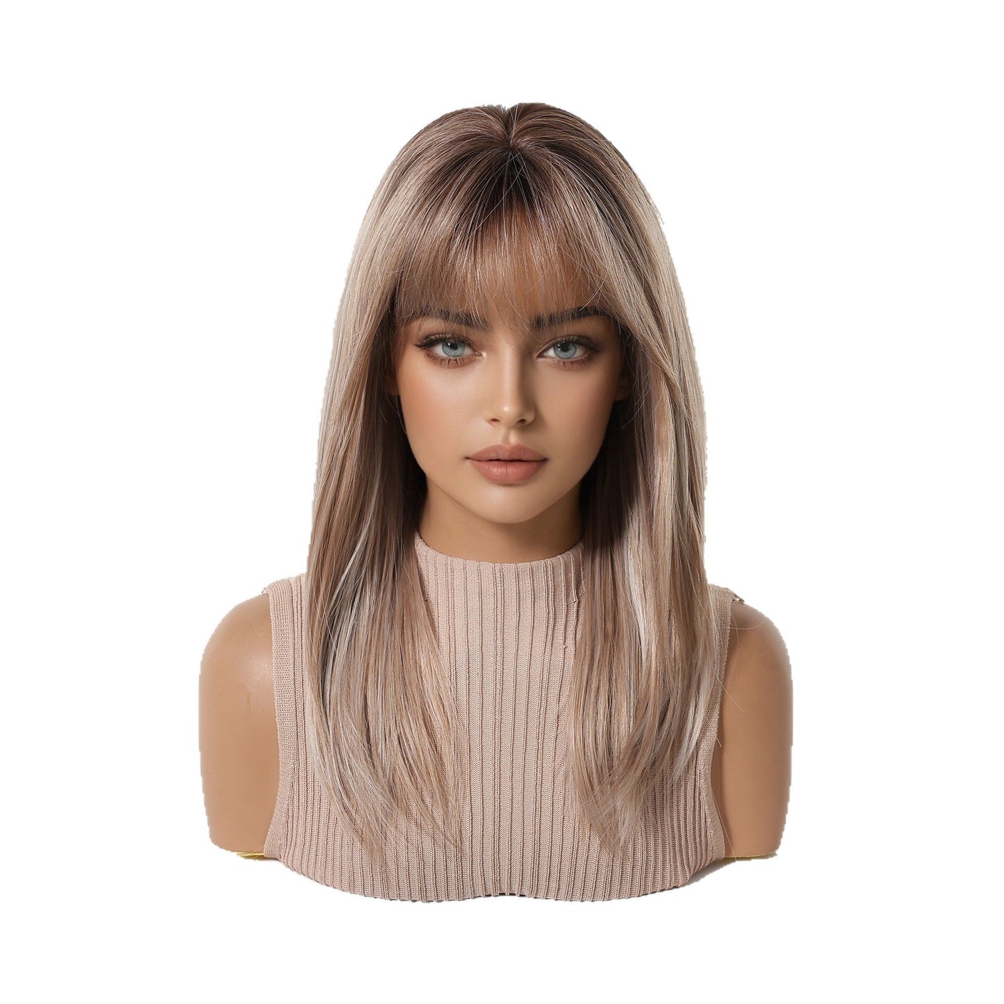 Women's Color Mid-length Hair Bangs Mechanism Chemical Long Straight Wig