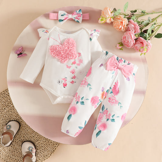 Embroidery Three-dimensional Butterfly Long-sleeved Triangle Romper Bow Flower Children's Suit