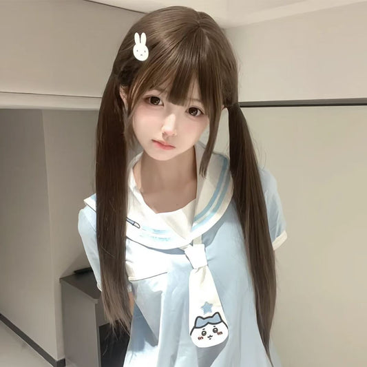 Mannequin Head Black Cute Luo Bangs Hair Can Tie Double Long Straight Wig