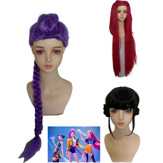 Group Mira Rose Red Long Straight Hair Zoe Black Braid Cos Wig