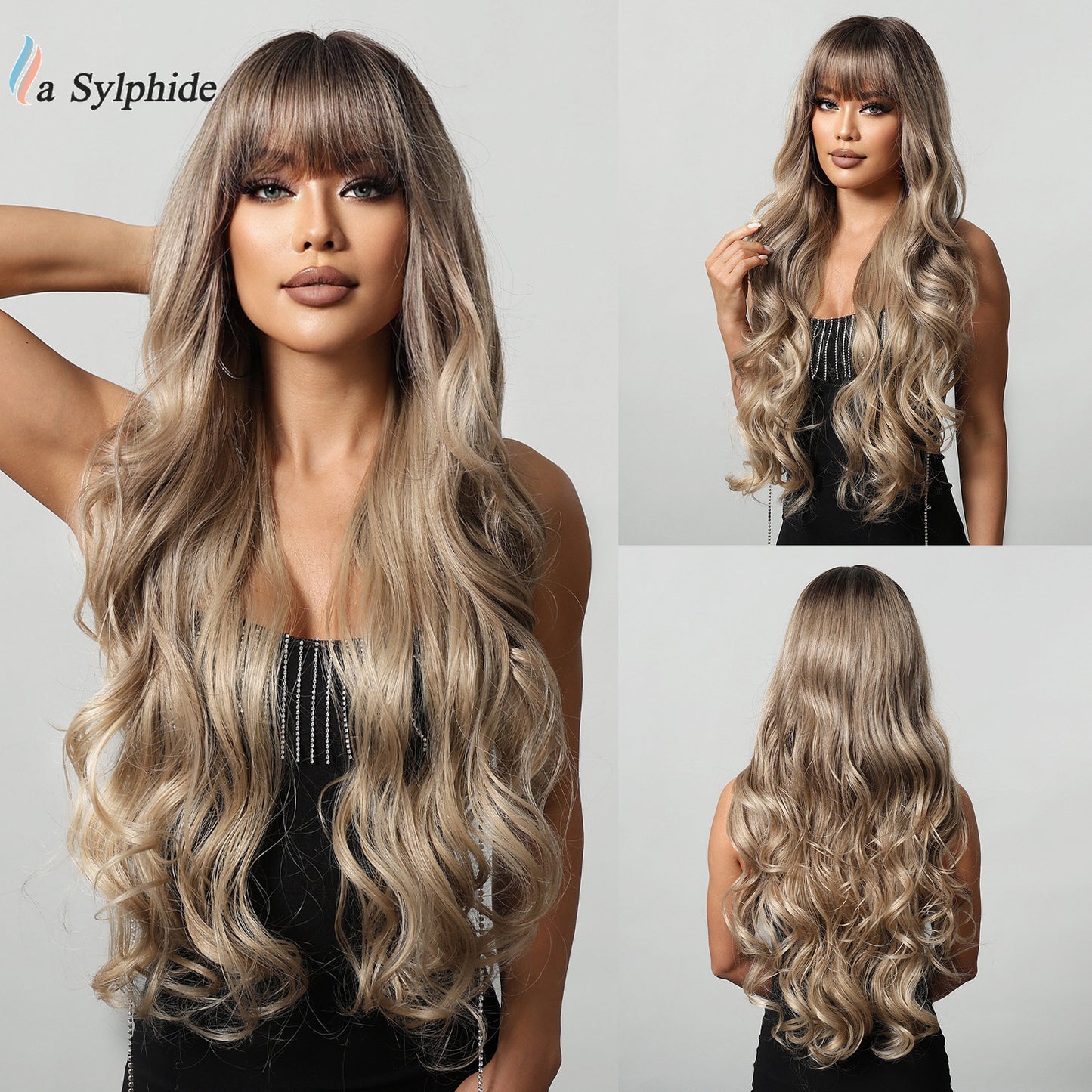 Female Big Wave Roman Curly Bangs Hair White Gold Color Wig Long Curls