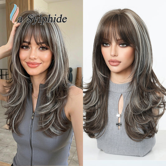 Female Brown Sier Gray Dyed Curly Hair Wig Long Curls