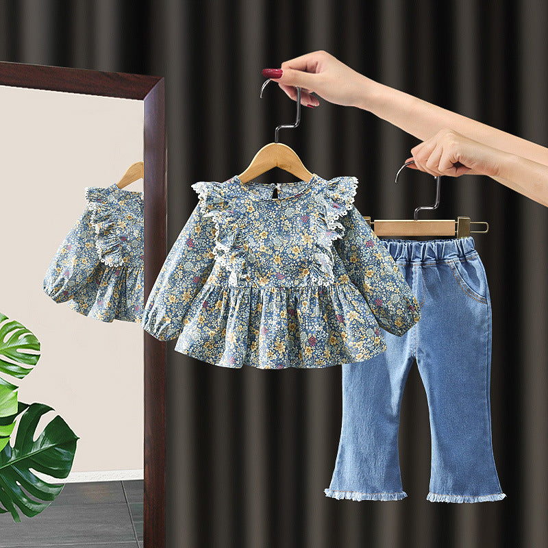 Long Sleeve Shirt Casual Jeans Two-piece Children's Suit