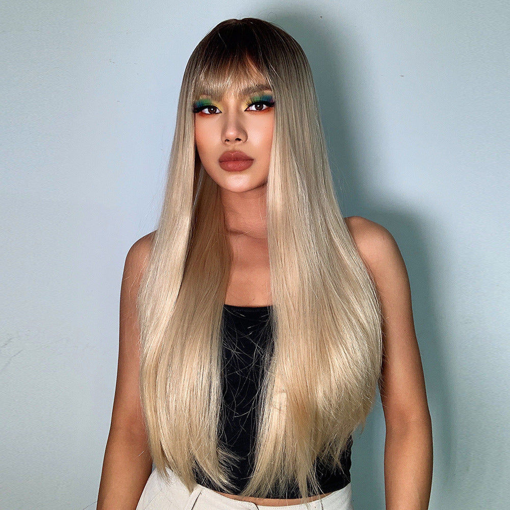 Bangs Gradient Gray Hair Chemical Fiber Head Long Straight Wig