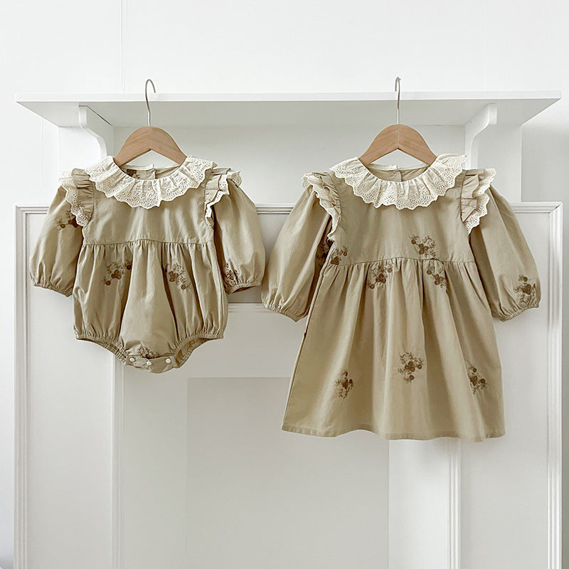 Sisters Outfit Infants Romper Long Sleeve Lace Collar Embroidered Children's Dress