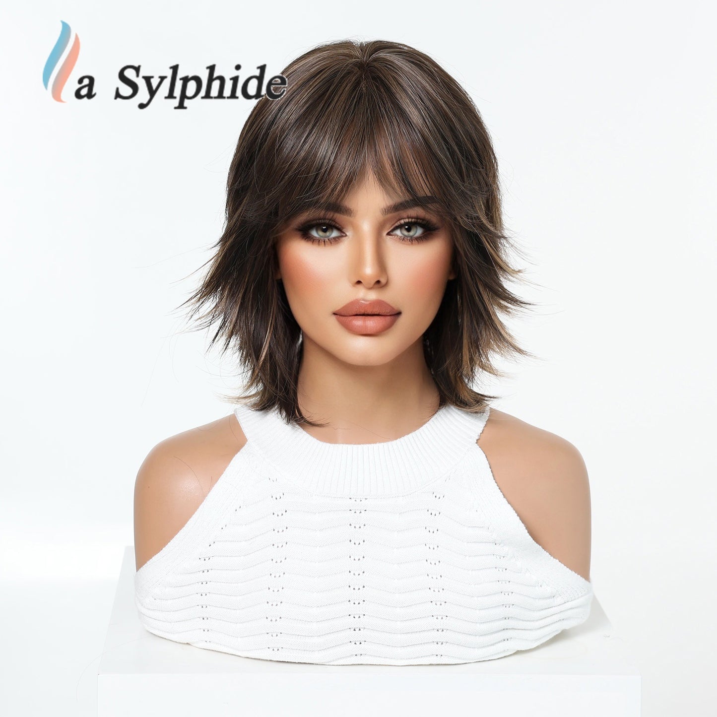 Female Highlights Brown Hierarchy Mechanism Fiber Air Bangs Everyday Wig Short Curly Hair