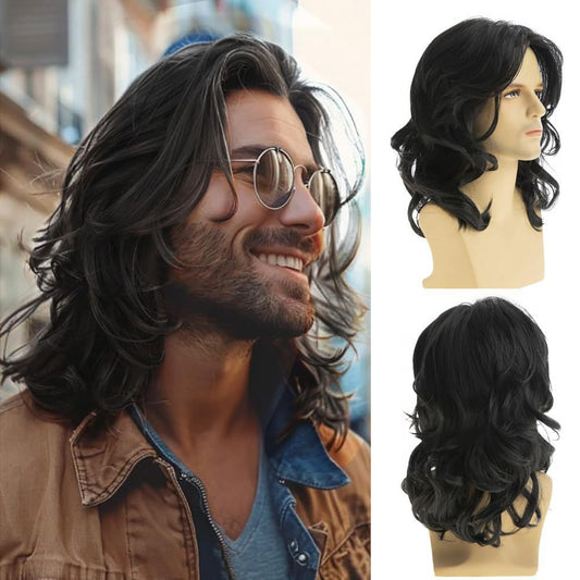 Men's Brown Mid-length Curly Hair Natural Head Men's Wig
