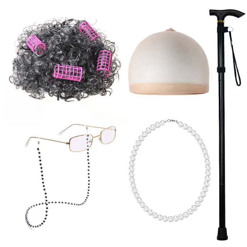 Old Grandma Grandpa Halloween Lady Set Cos Wig