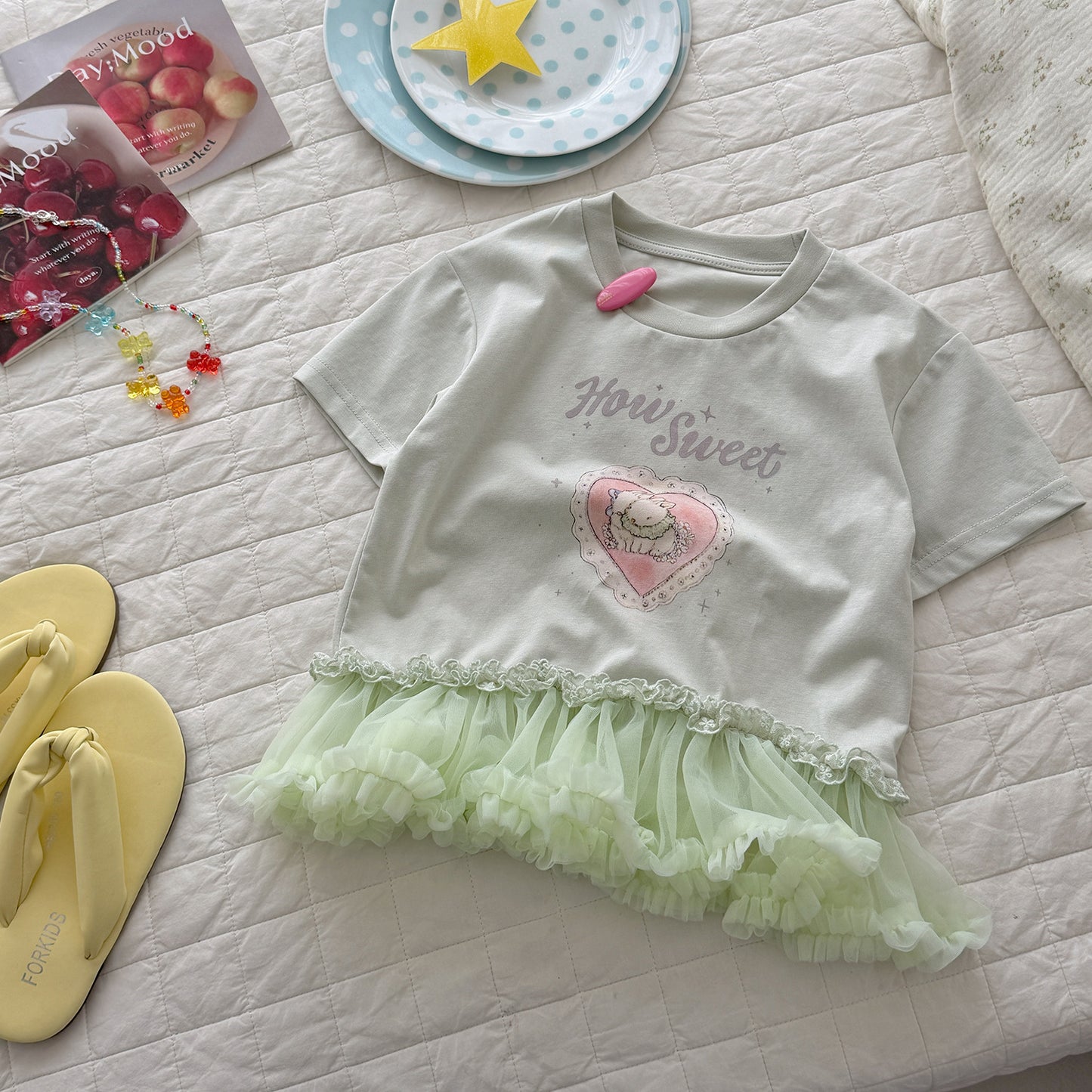 Breathable Rabbit Print Net Skirt Hemline Children's T-shirt