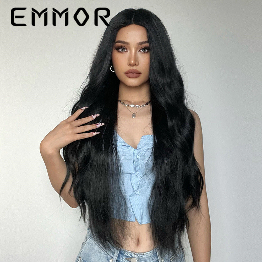 Medium Curly Hair Black Matte Fiber Wig Long Curls